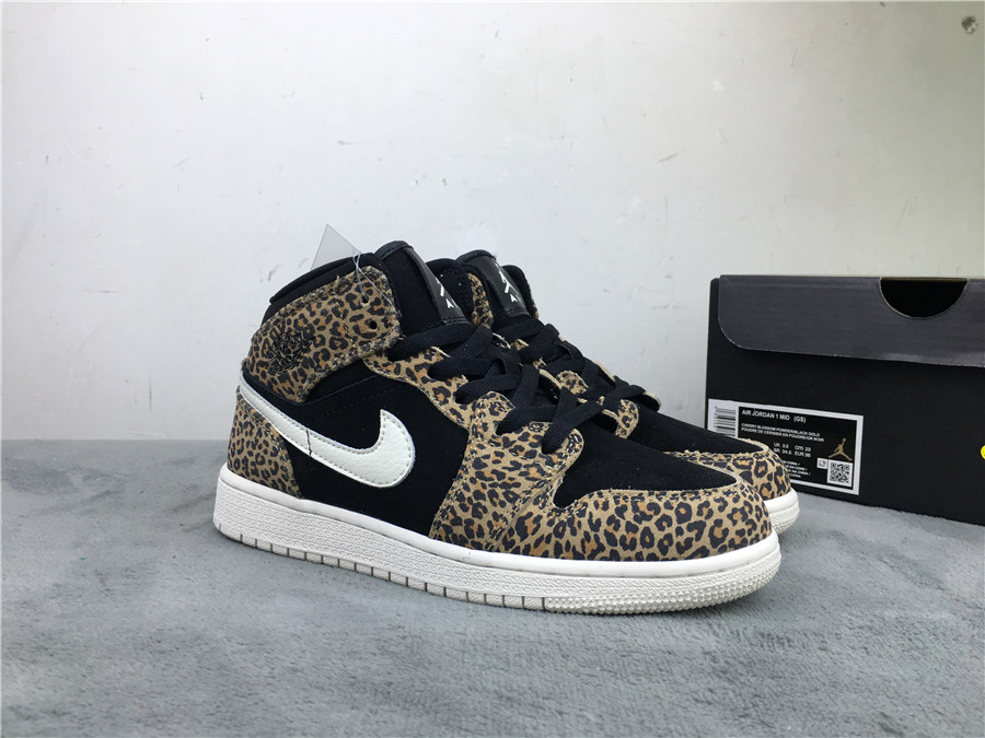 Women Cheetah Print Air Jordan 1 Mid Black Yellow Shoes